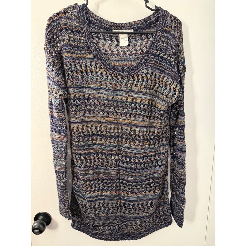 Two-One-Two New York Open Knit Space Dye Sweater Blue Purple Boho Large 414822 - Picture 1 of 6